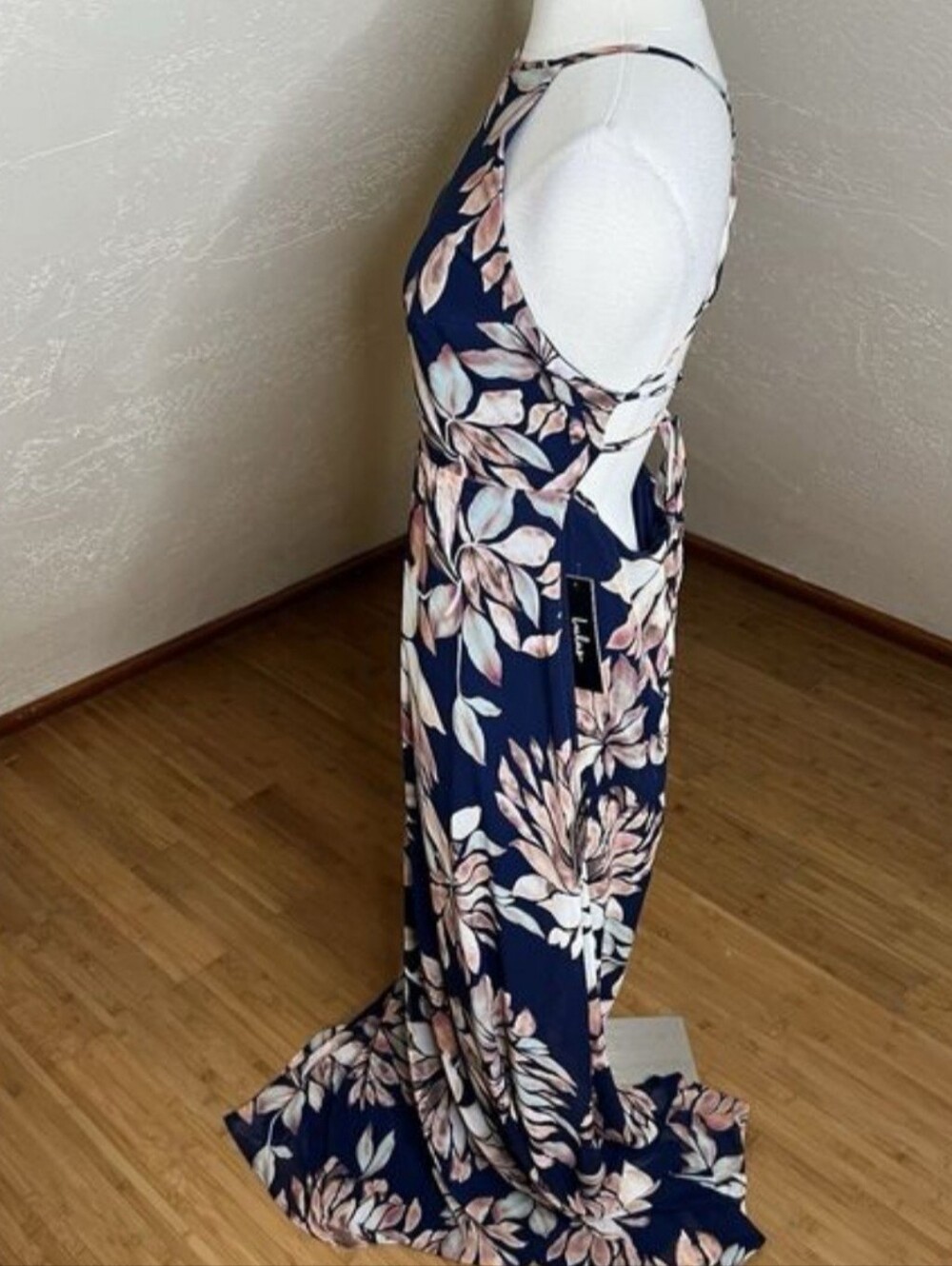 Lulus Maxi Dress Womens XL Navy Blue Floral Adventure Seeker Lace Up Back NEW